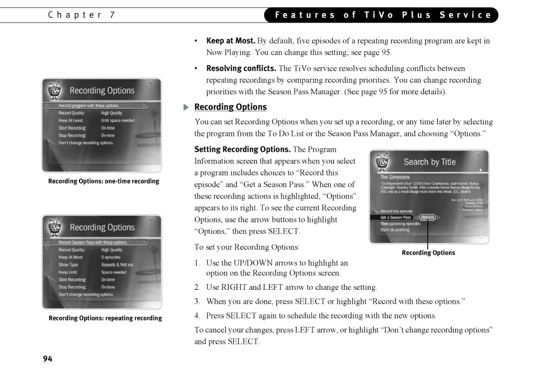 TiVo Introduction 92 manual Recording Options 