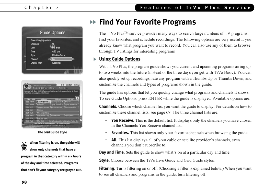 TiVo Introduction 92 manual Find Your Favorite Programs, Using Guide Options 