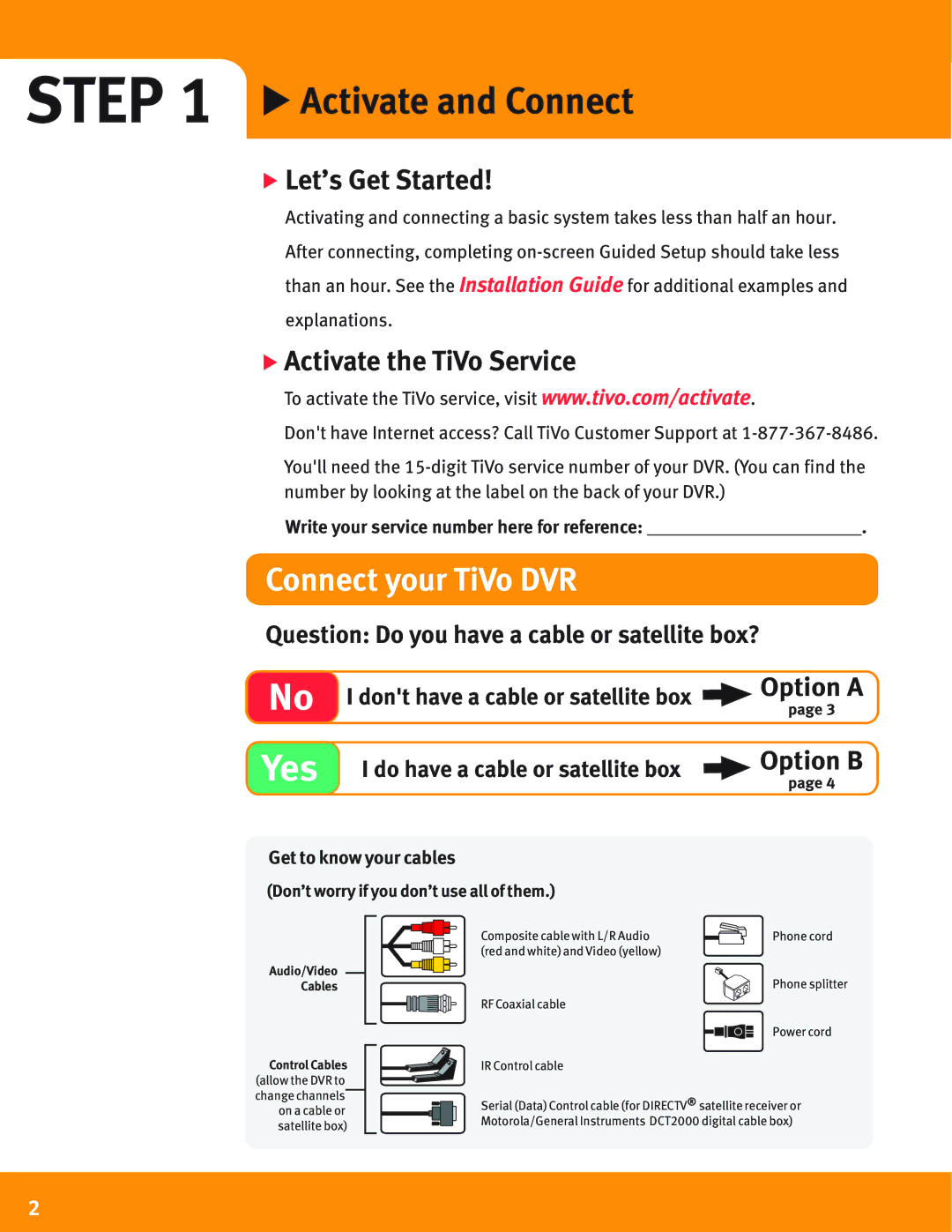 TiVo R24008A manual Activate and Connect, Write your service number here for reference, Get to know your cables 