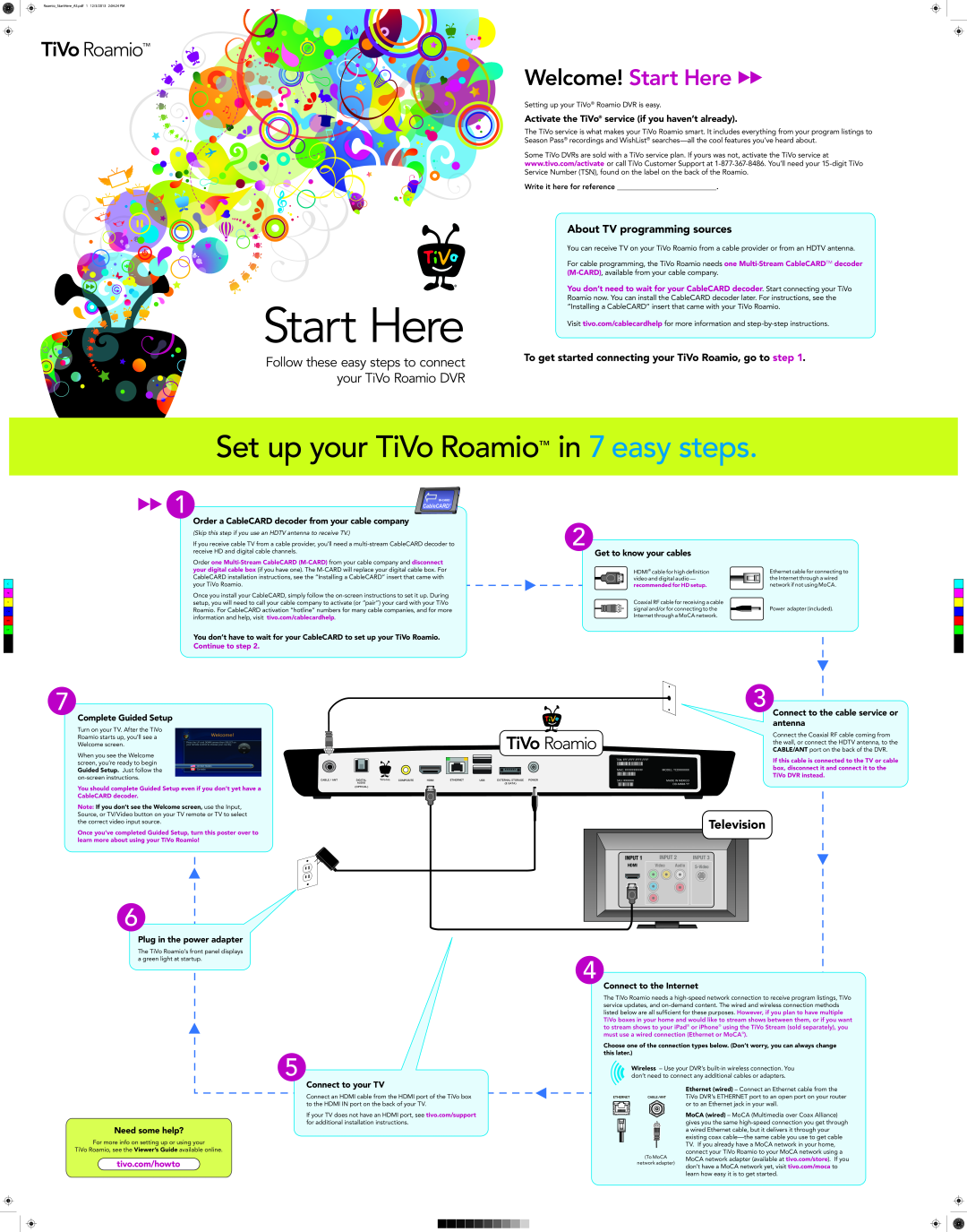TiVo installation instructions Set up your TiVo Roamio in 7 easy steps, Welcome! Start Here, Television 