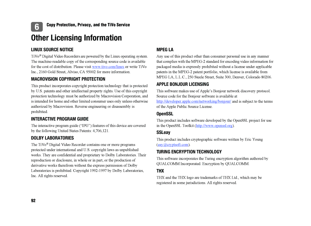 TiVo SDOC-00091-002 manual Other Licensing Information 