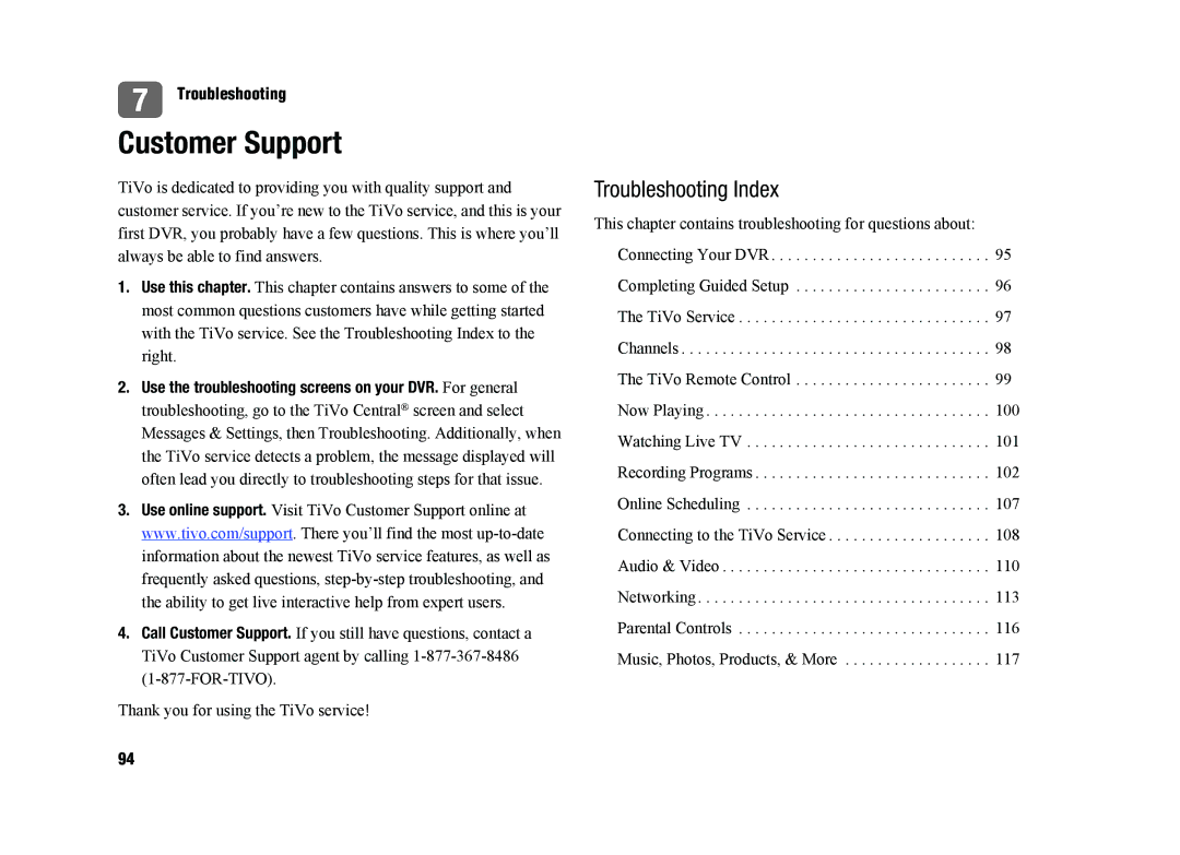 TiVo SDOC-00091-002 manual Customer Support, Troubleshooting Index 