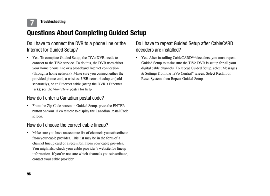 TiVo SDOC-00091-002 manual Questions About Completing Guided Setup, How do I enter a Canadian postal code? 
