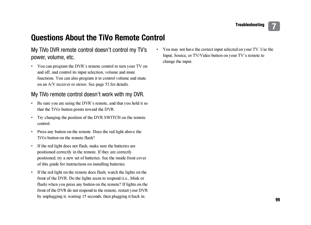 TiVo SDOC-00091-002 manual Questions About the TiVo Remote Control, Power, volume, etc 