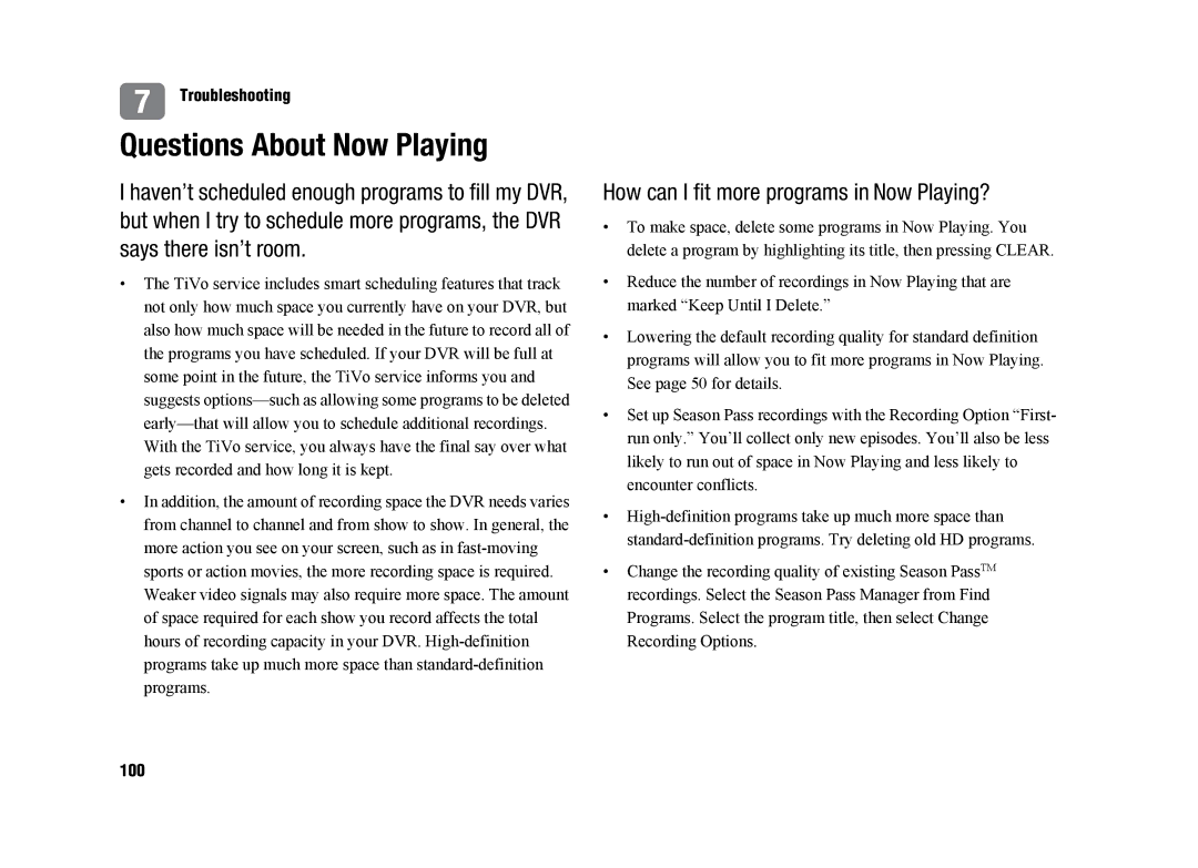 TiVo SDOC-00091-002 manual Questions About Now Playing, How can I fit more programs in Now Playing?, 100 