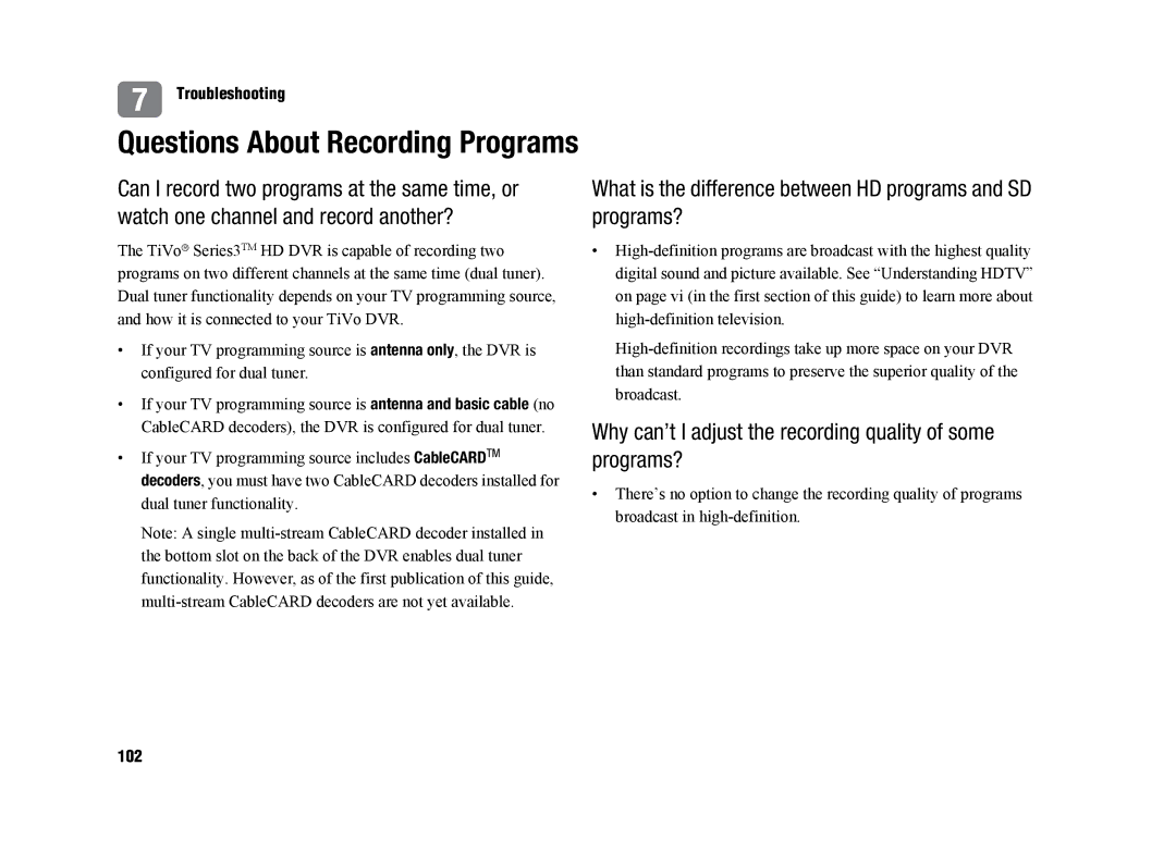 TiVo SDOC-00091-002 Questions About Recording Programs, What is the difference between HD programs and SD programs?, 102 