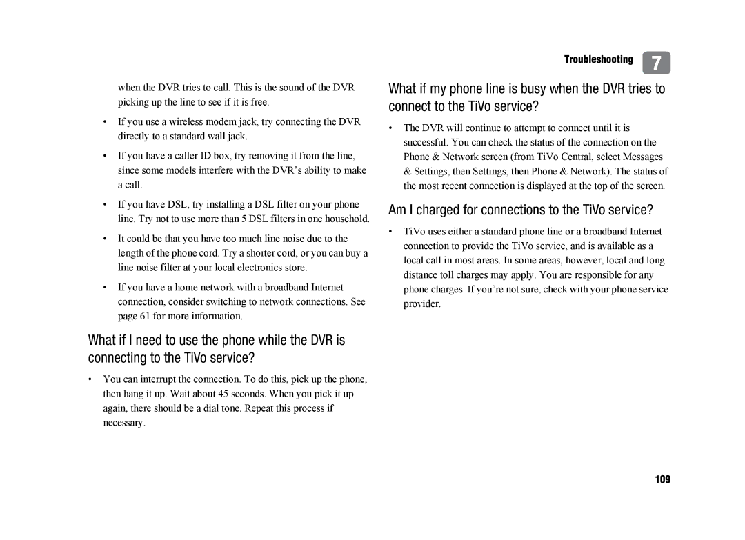 TiVo SDOC-00091-002 manual Am I charged for connections to the TiVo service?, 109 