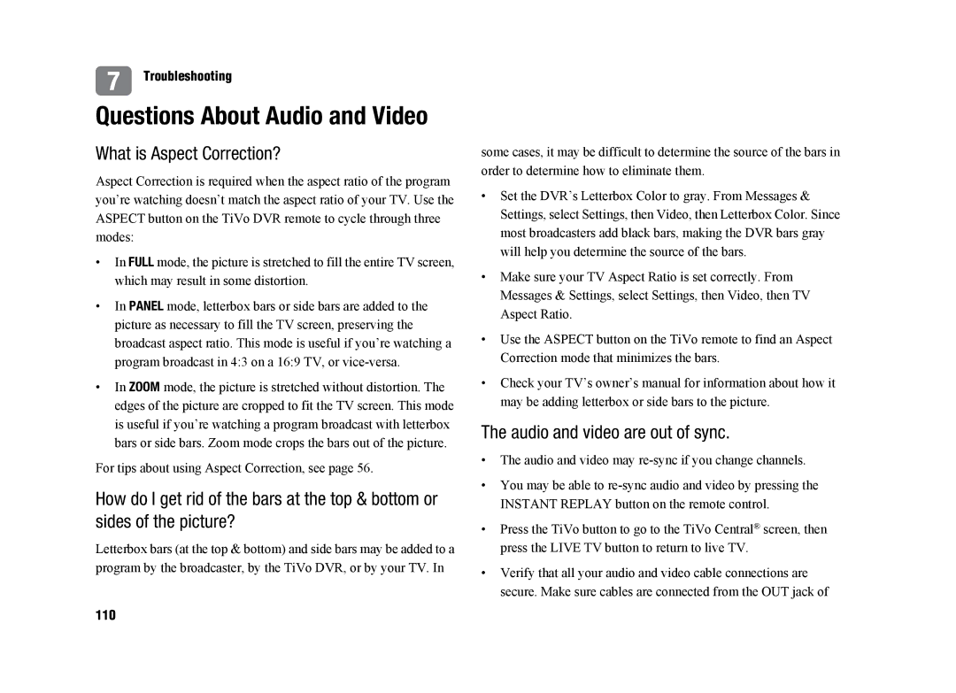 TiVo SDOC-00091-002 manual What is Aspect Correction?, Audio and video are out of sync, 110 