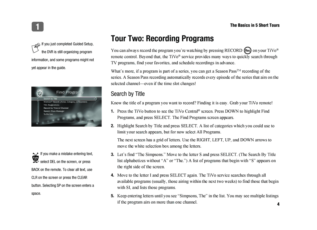 TiVo SDOC-00091-002 manual Tour Two Recording Programs, Search by Title 