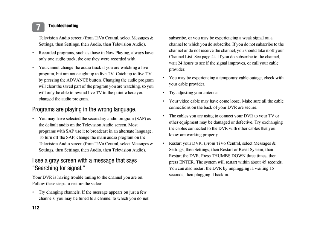 TiVo SDOC-00091-002 manual Programs are playing in the wrong language, 112 