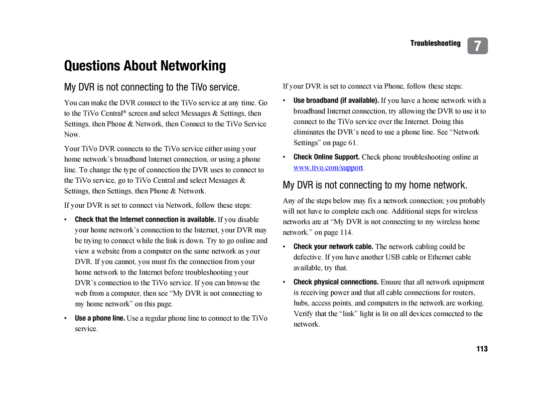 TiVo SDOC-00091-002 manual Questions About Networking, My DVR is not connecting to the TiVo service, 113 