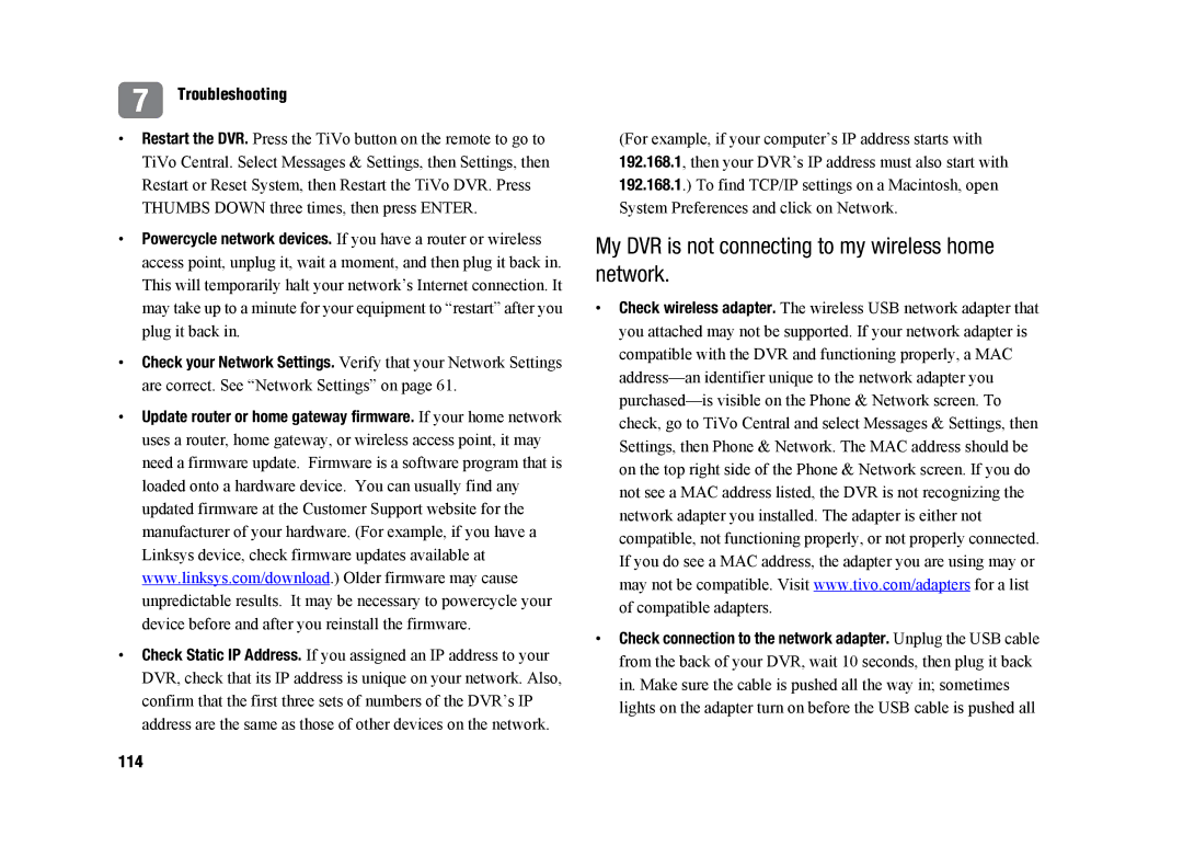 TiVo SDOC-00091-002 manual My DVR is not connecting to my wireless home network, 114 