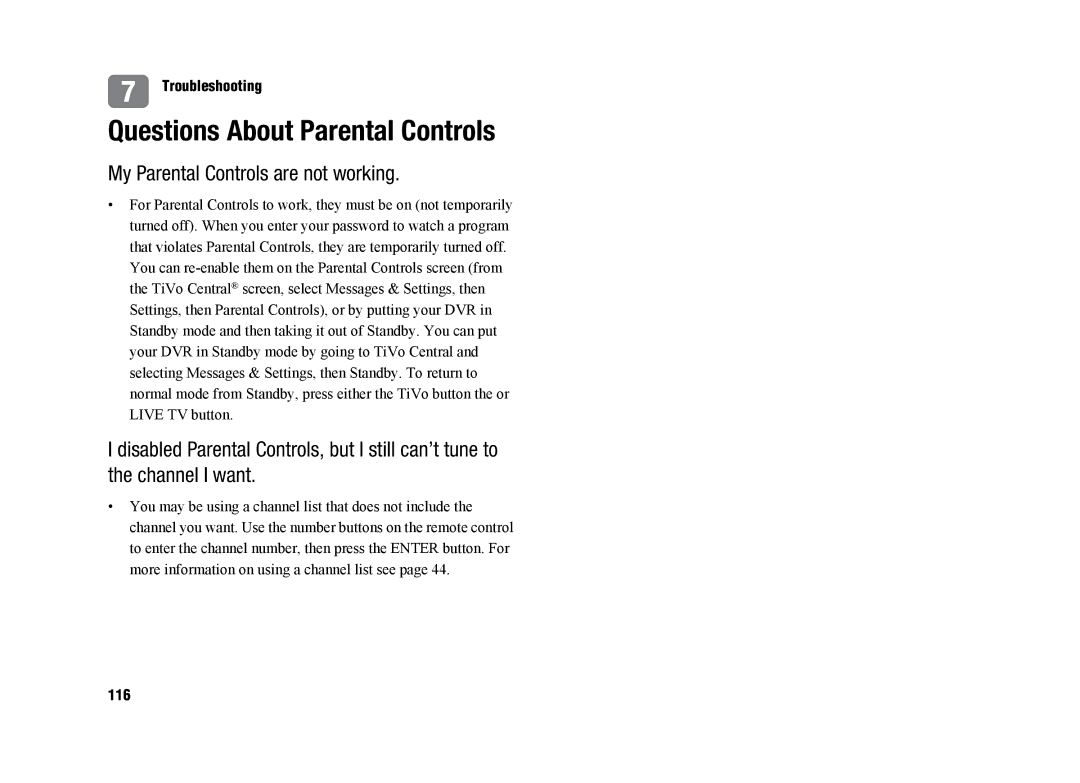 TiVo SDOC-00091-002 manual Questions About Parental Controls, My Parental Controls are not working, 116 