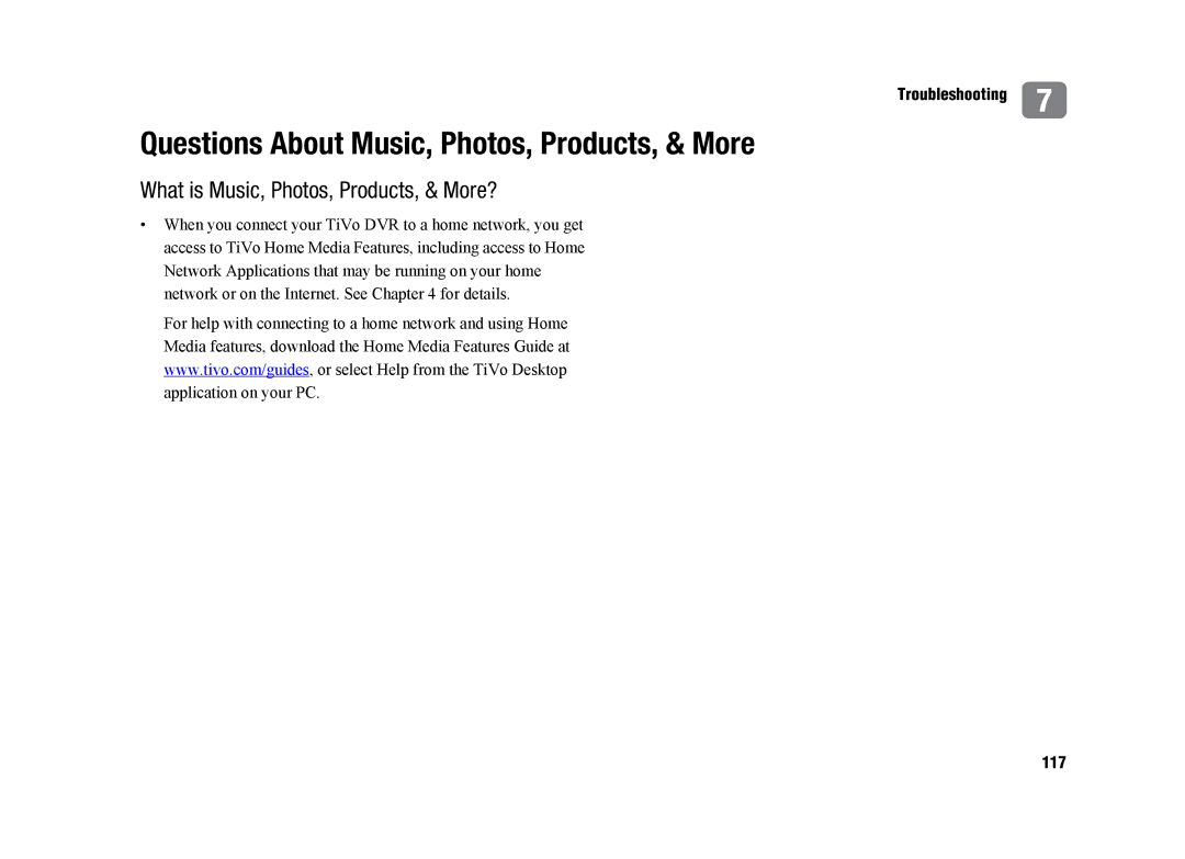 TiVo SDOC-00091-002 manual Questions About Music, Photos, Products, & More, What is Music, Photos, Products, & More?, 117 