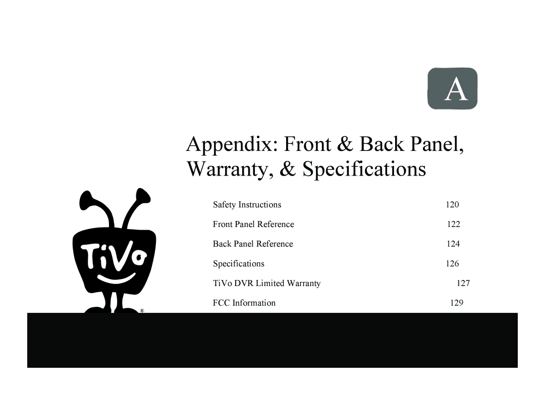 TiVo SDOC-00091-002 manual Appendix Front & Back Panel, Warranty, & Specifications 