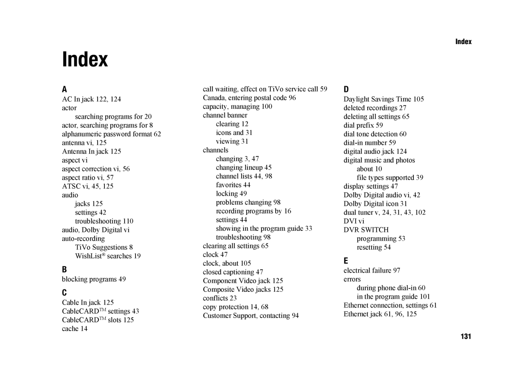 TiVo SDOC-00091-002 manual Index, 131 