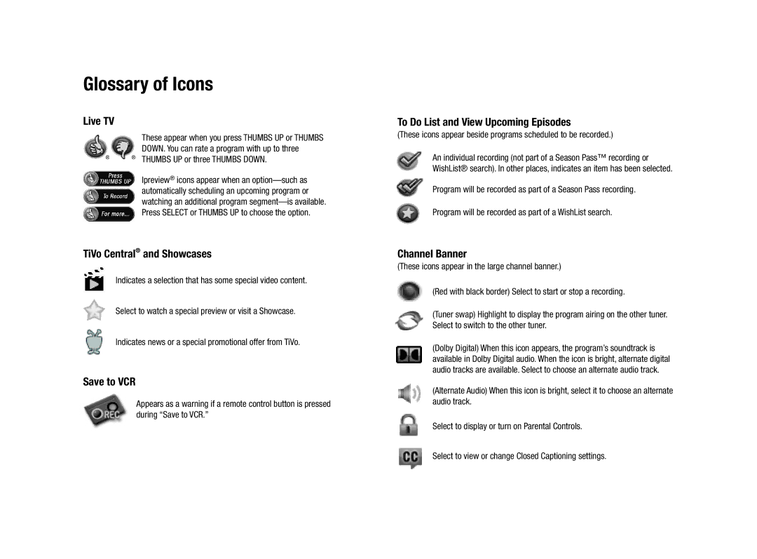 TiVo SDOC-00091-002 manual Glossary of Icons 