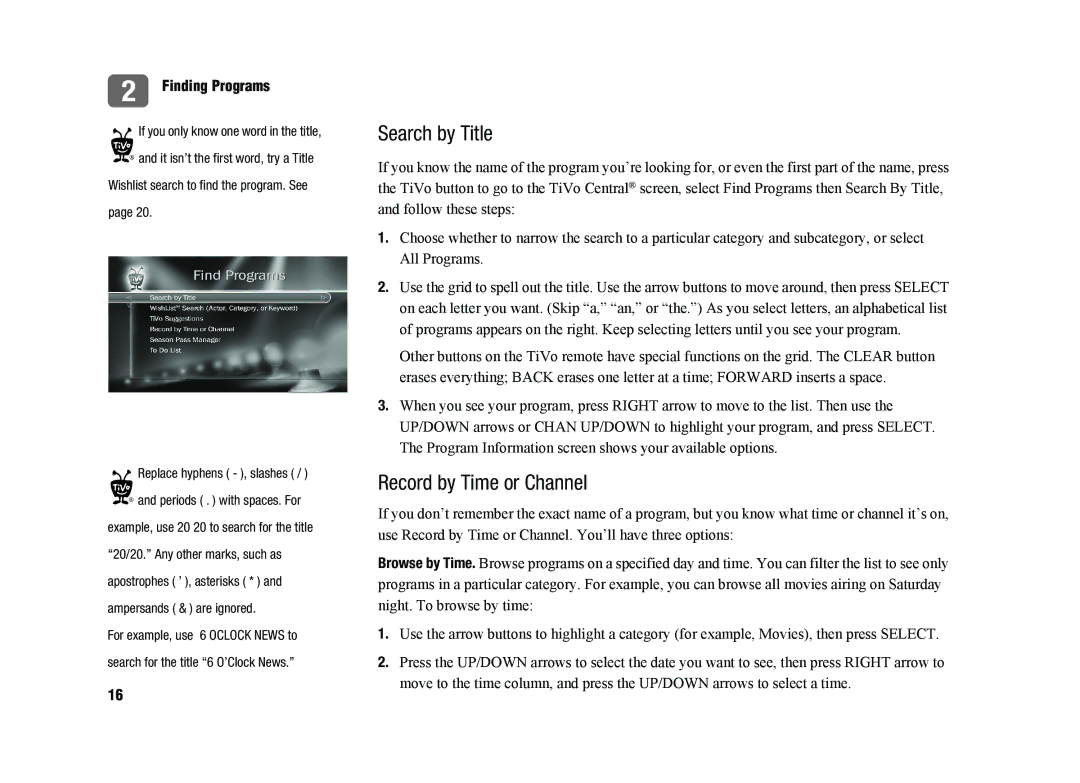 TiVo SDOC-00091-002 manual Search by Title, Record by Time or Channel 