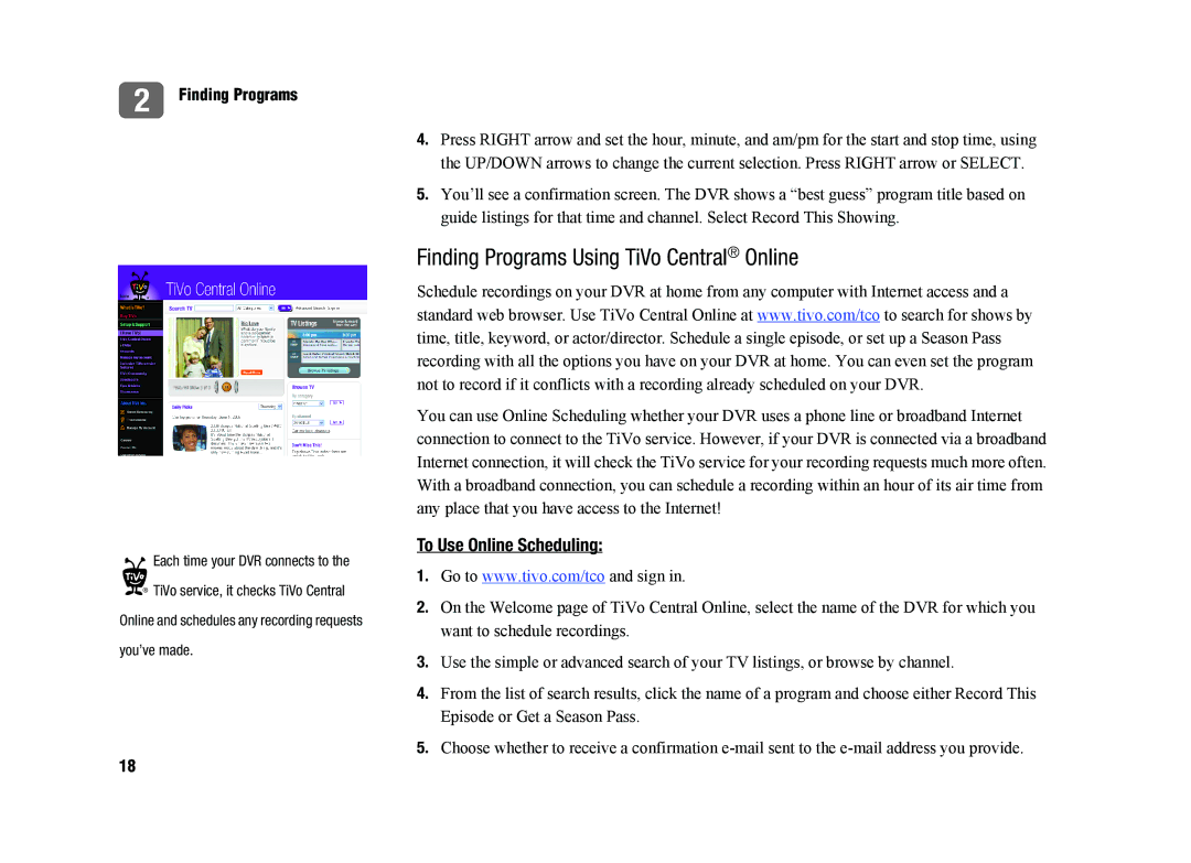 TiVo SDOC-00091-002 manual Finding Programs Using TiVo Central Online, To Use Online Scheduling 