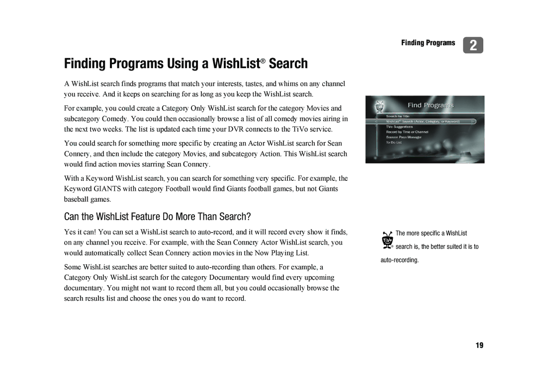 TiVo SDOC-00091-002 manual Finding Programs Using a WishList Search, Can the WishList Feature Do More Than Search? 