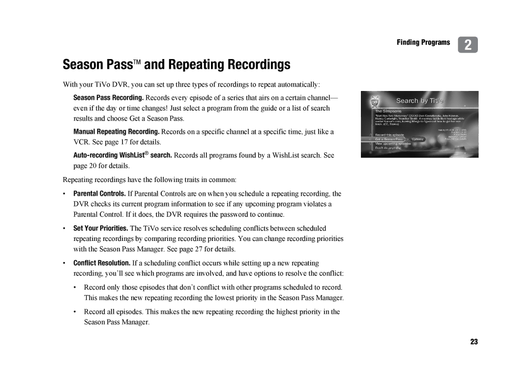 TiVo SDOC-00091-002 manual Season PassTM and Repeating Recordings 