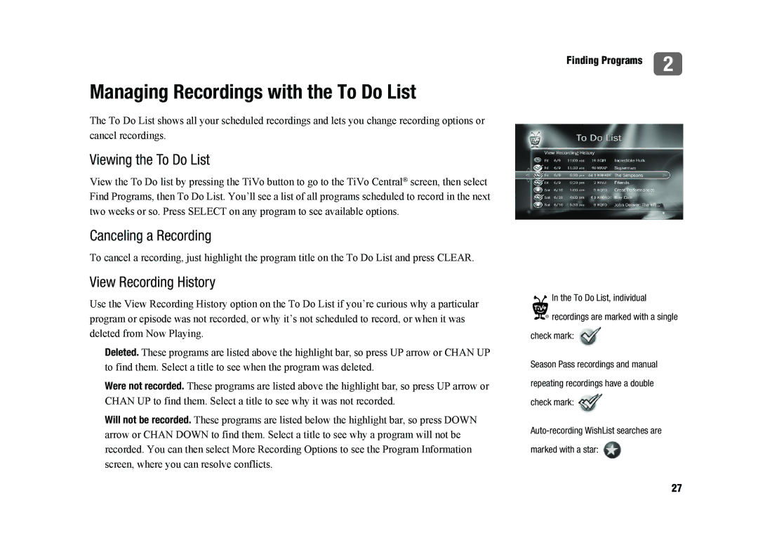 TiVo SDOC-00091-002 manual Managing Recordings with the To Do List, Viewing the To Do List, Canceling a Recording 