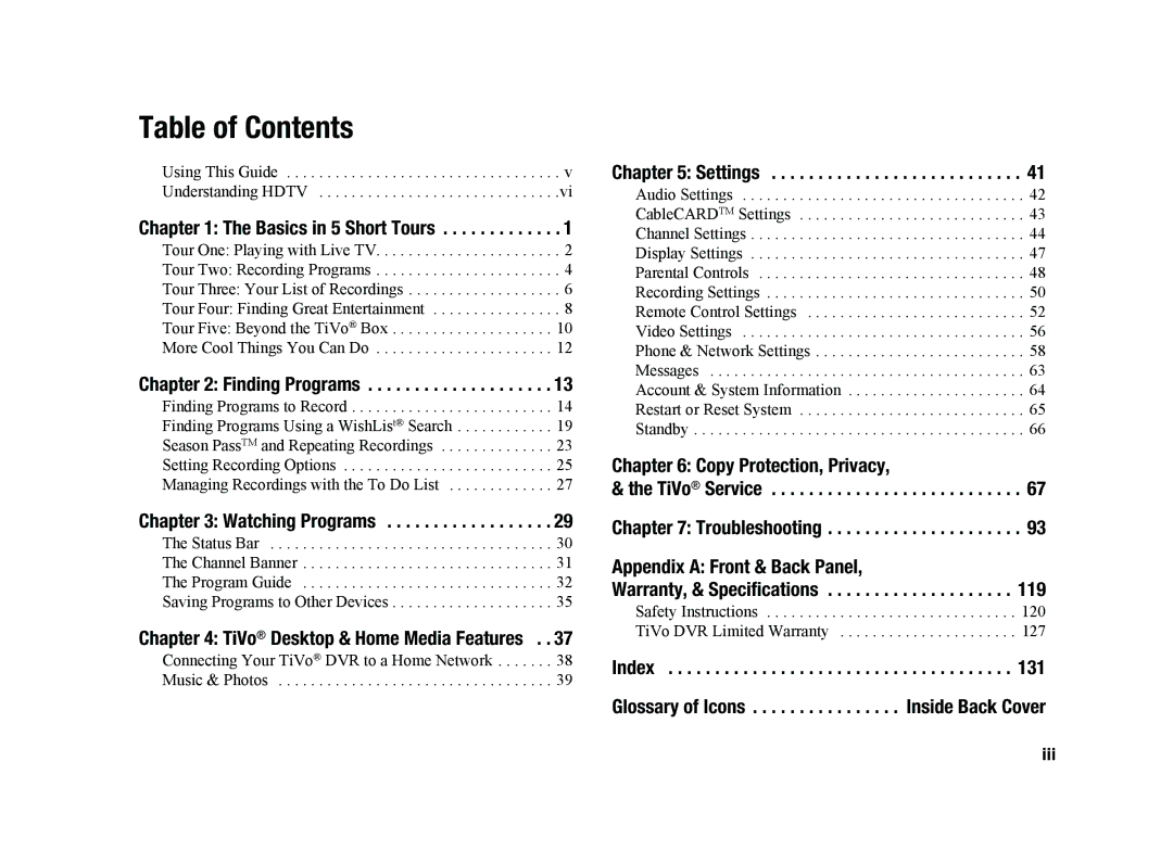 TiVo SDOC-00091-002 manual Table of Contents 