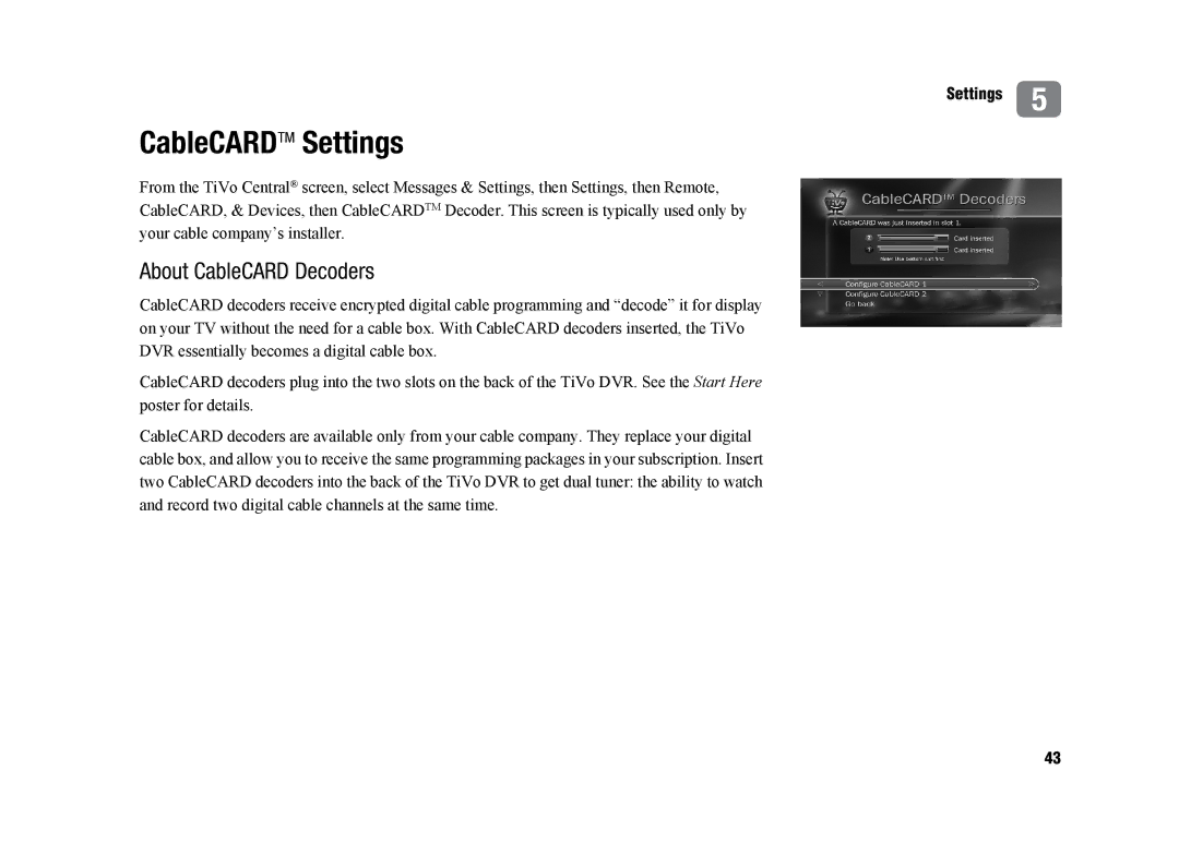 TiVo SDOC-00091-002 manual CableCARDTM Settings, About CableCARD Decoders 