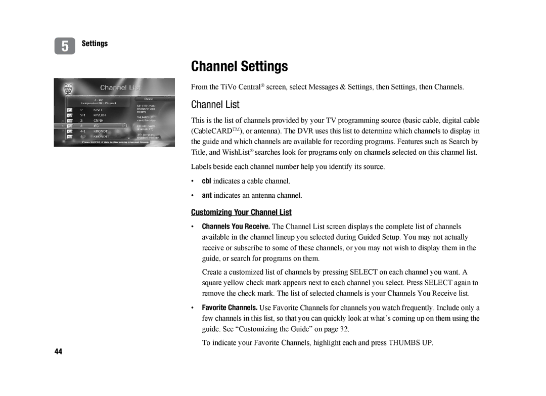 TiVo SDOC-00091-002 manual Channel Settings, Customizing Your Channel List 