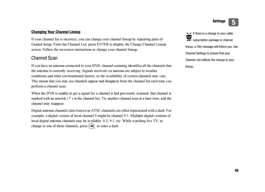 TiVo SDOC-00091-002 manual Channel Scan, Changing Your Channel Lineup, If there is a change to your cable 