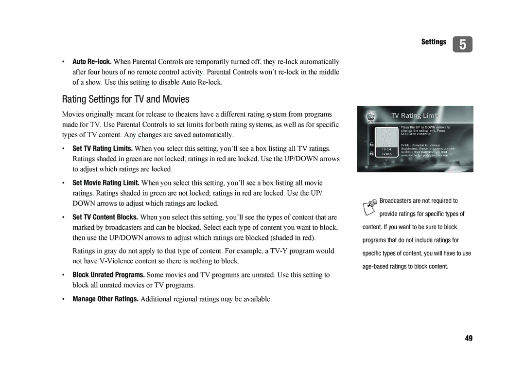 TiVo SDOC-00091-002 manual Rating Settings for TV and Movies 