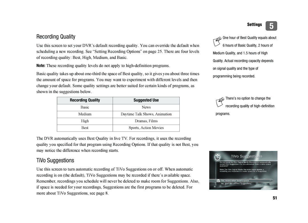 TiVo SDOC-00091-002 manual Recording Quality Suggested Use 