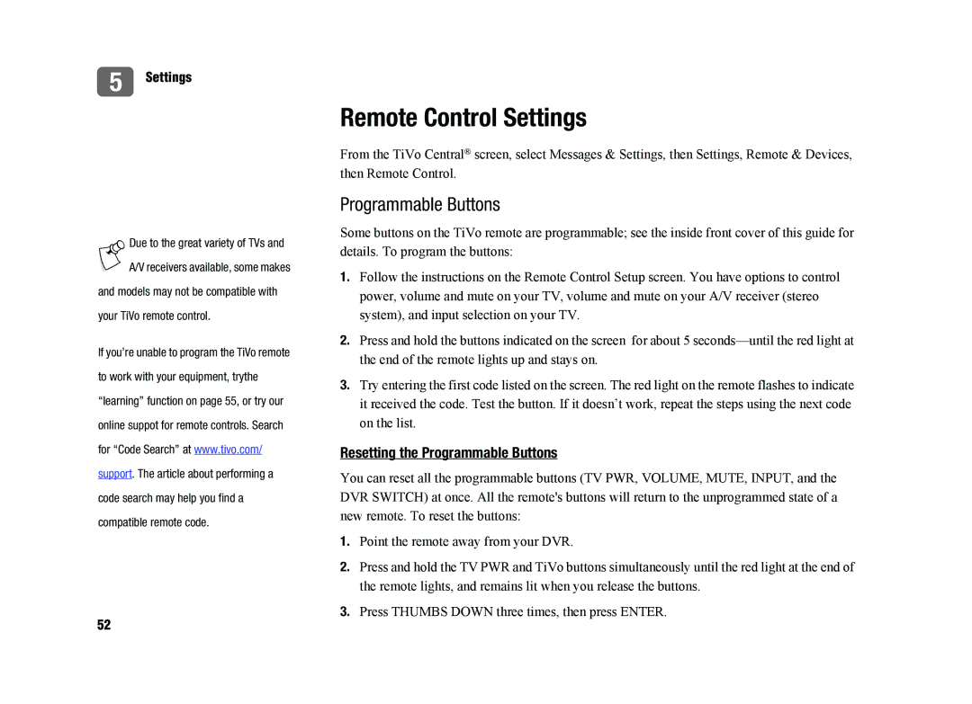 TiVo SDOC-00091-002 manual Remote Control Settings, Resetting the Programmable Buttons 