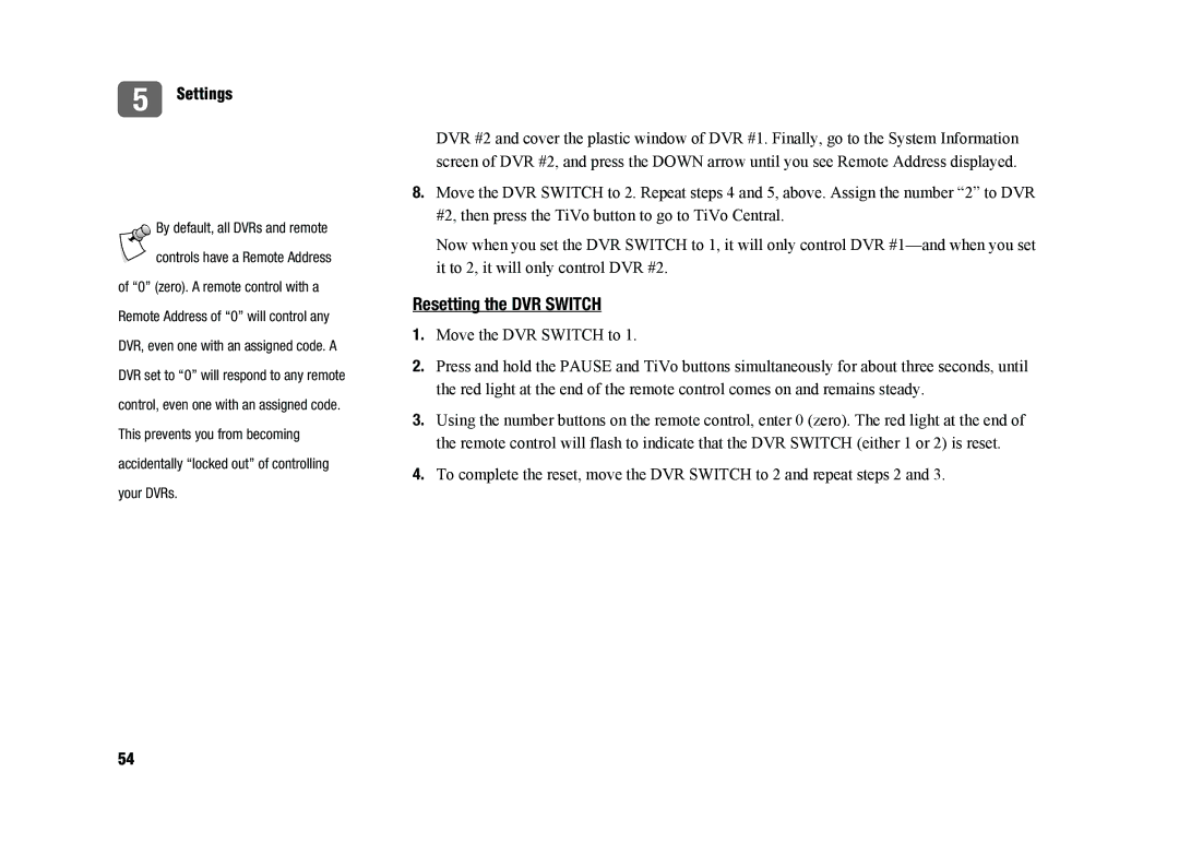 TiVo SDOC-00091-002 manual Resetting the DVR Switch 