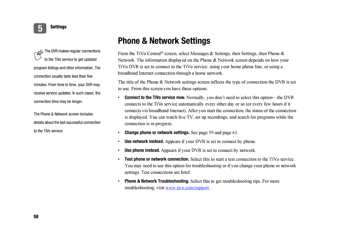 TiVo SDOC-00091-002 manual Phone & Network Settings, Change phone or network settings. See page 59 