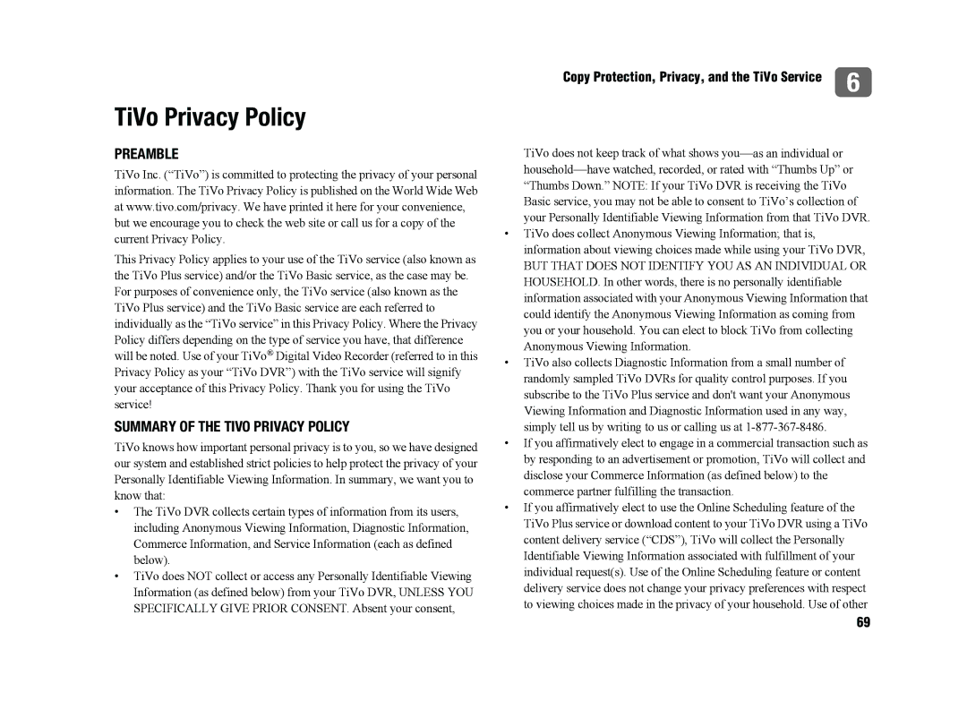 TiVo SDOC-00091-002 manual TiVo Privacy Policy, Preamble, Summary of the Tivo Privacy Policy 