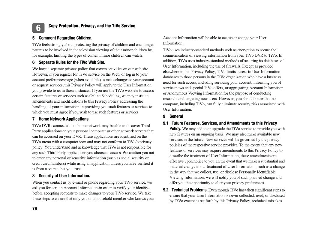 TiVo SDOC-00091-002 Separate Rules for the TiVo Web Site, Home Network Applications, Security of User Information, General 