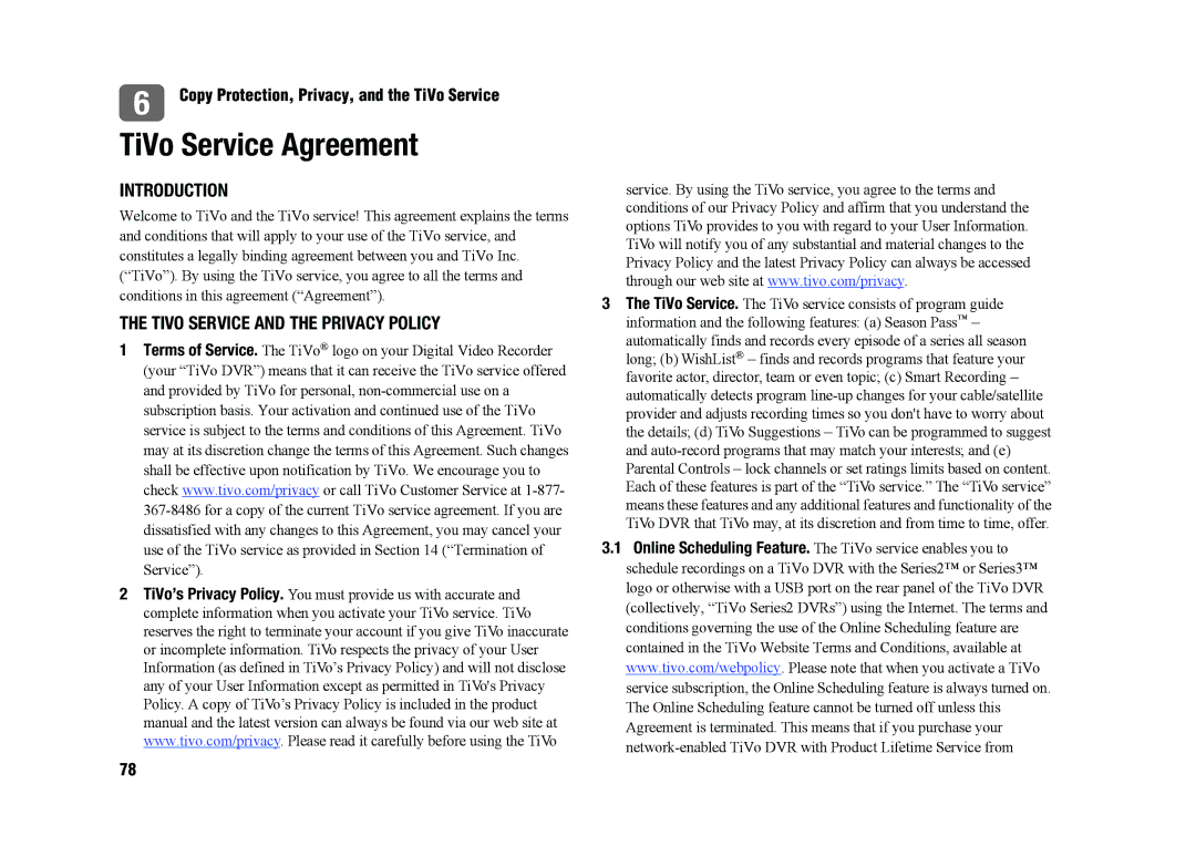 TiVo SDOC-00091-002 manual TiVo Service Agreement, Introduction, Tivo Service and the Privacy Policy 