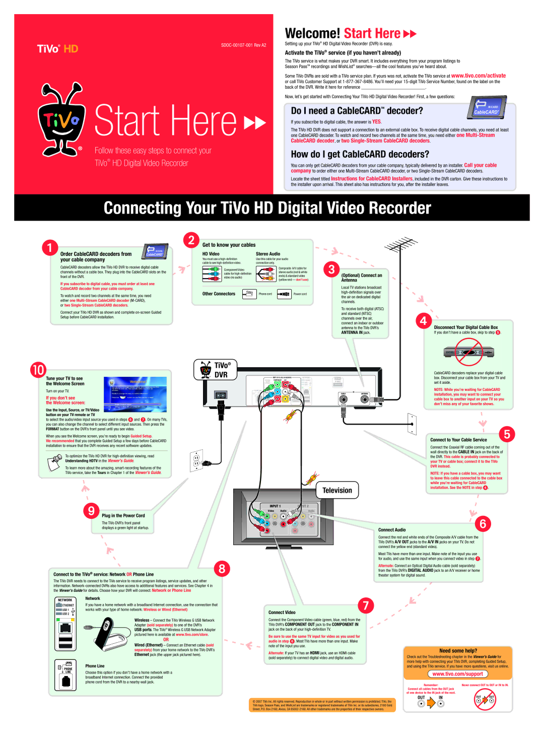 TiVo SDOC-00107-001 manual HD Video Stereo Audio, Disconnect Your Digital Cable Box, Plug in the Power Cord, Connect Video 