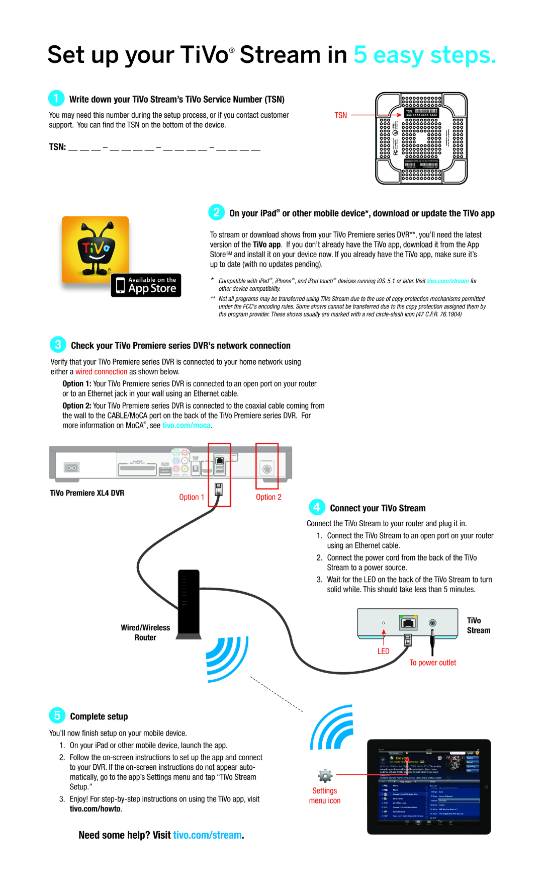 TiVo SDOC-00133-001 A3 warranty Write down your TiVo Stream’s TiVo Service Number TSN, Complete setup 