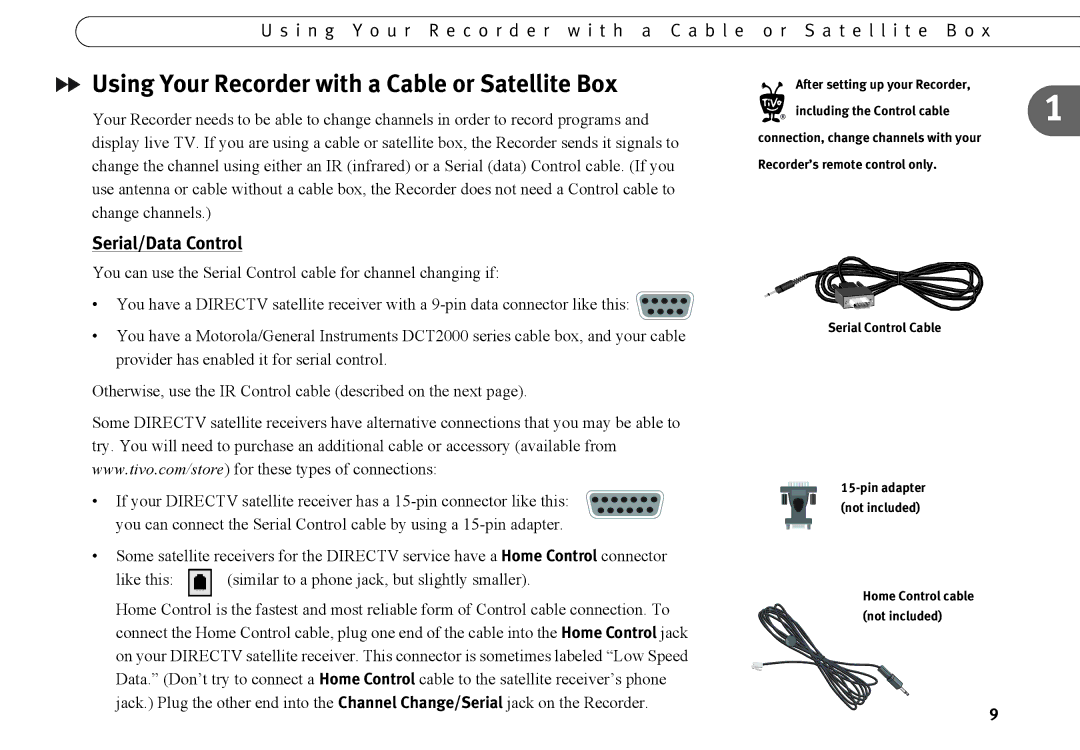 TiVo series 2 operating instructions Using Your Recorder with a Cable or Satellite Box, Serial/Data Control 