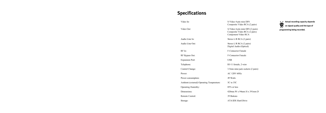 TiVo series 2 operating instructions Specifications 