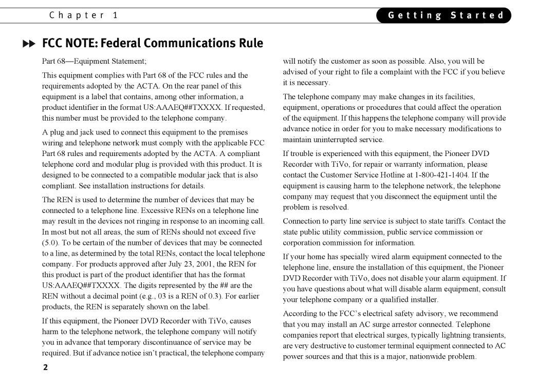 TiVo series 2 operating instructions FCC Note Federal Communications Rule 