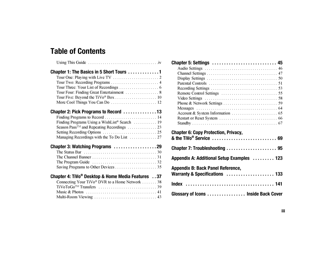 TiVo Series2TM manual Table of Contents 