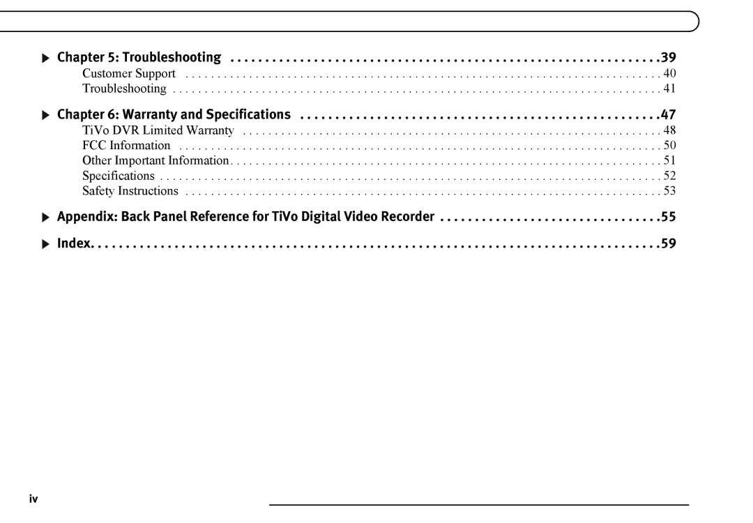 TiVo TCD540080, TCD649080 manual Troubleshooting, Warranty and Specifications 