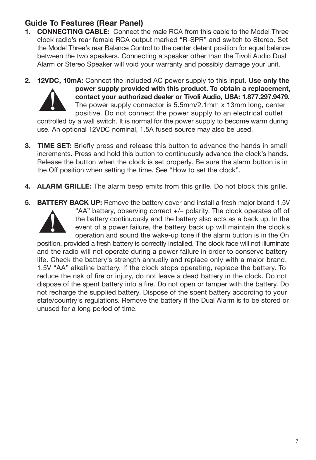 Tivoli Audio Dual Alarm Speaker owner manual Guide To Features Rear Panel 