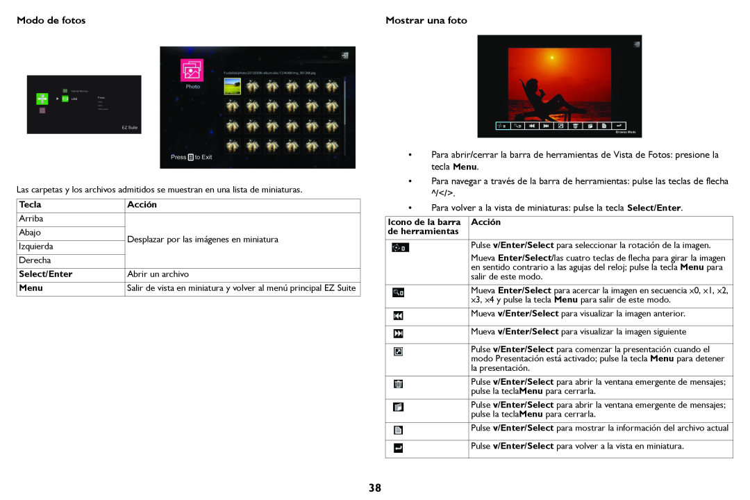 Tivoli Audio IN124a, IN122a, IN126a manual Modo de fotos, Mostrar una foto, Tecla, Acción, Select/Enter, Menu 