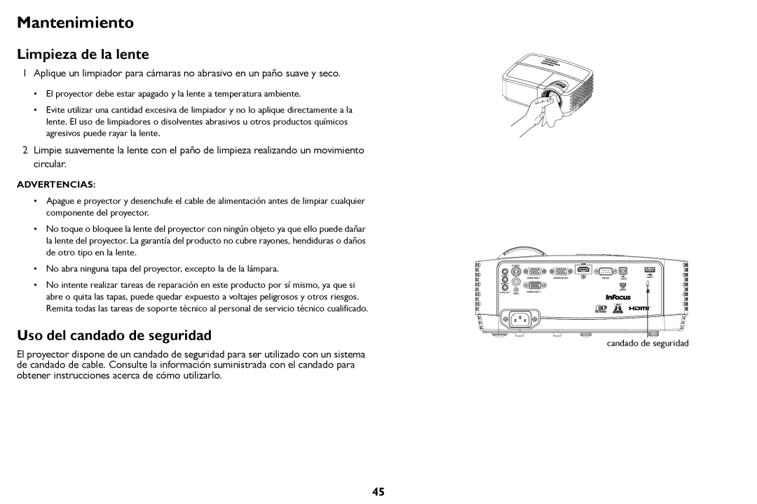 Tivoli Audio IN122a, IN124a, IN126a manual Mantenimiento, Limpieza de la lente, Uso del candado de seguridad 