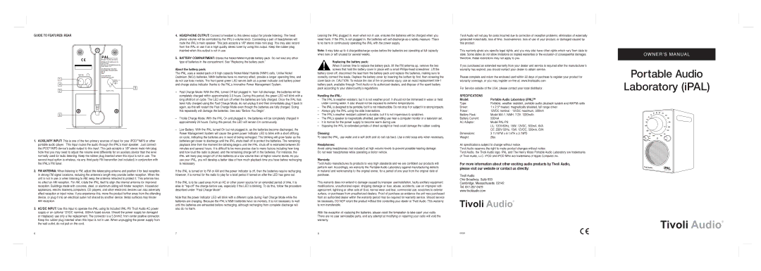 Tivoli Audio IPAL owner manual Guide to Features Rear, Specifications 