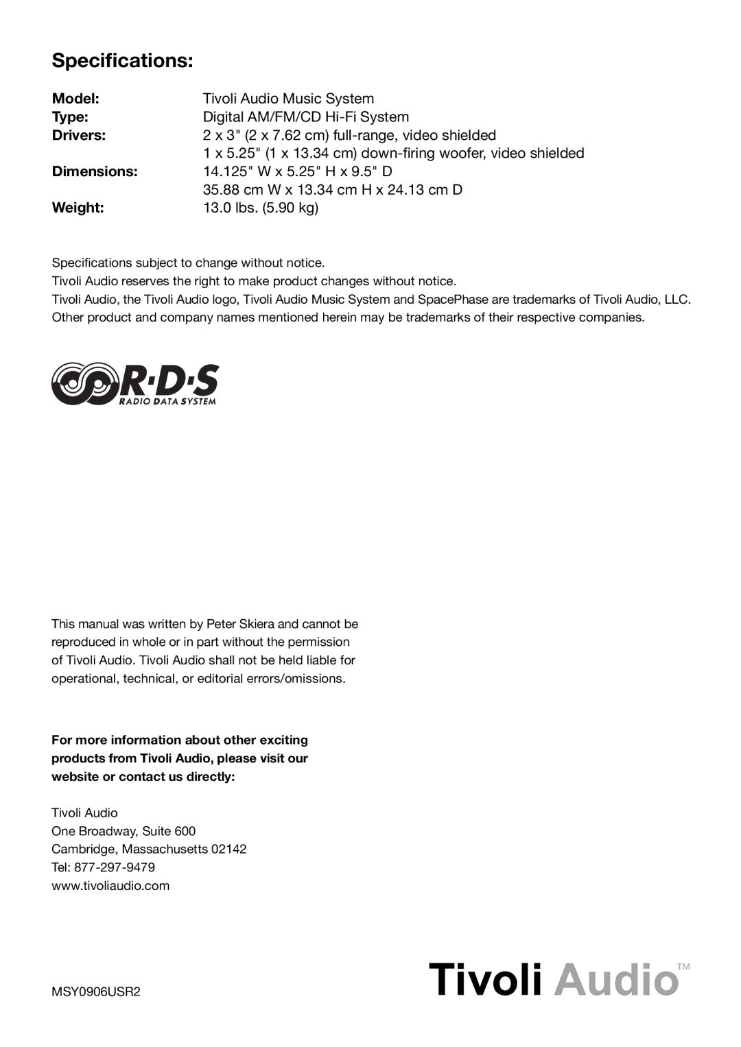 Tivoli Audio MSY0906USR2 owner manual Speciﬁcations, Drivers 